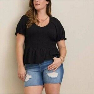 Torrid Plus Size 3X Black Smocked Babydoll Top - Cotton Modal Slub Knit